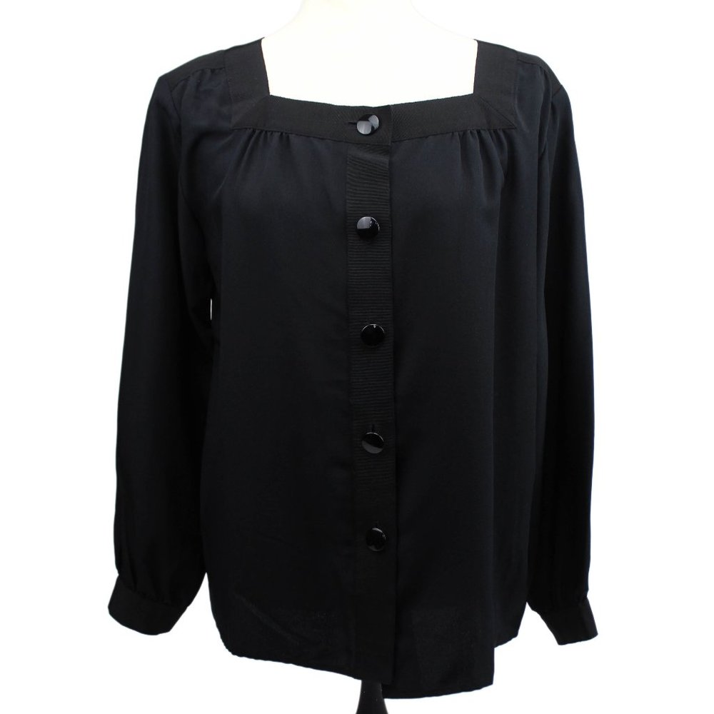 VTG Saint Laurent Rive Gauche Black Silk Flowy Square Neck Button Front Blouse